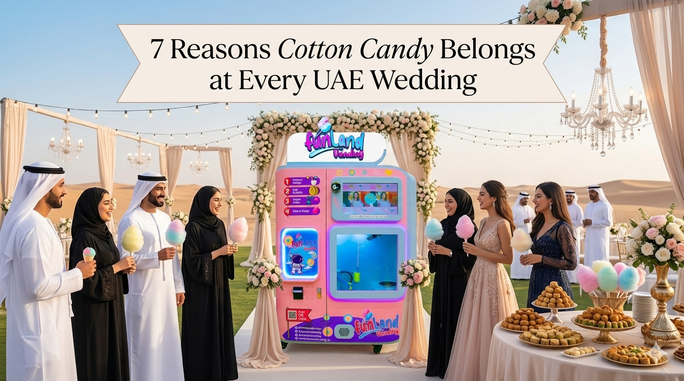 Cotton candy station styled for a UAE wedding reception